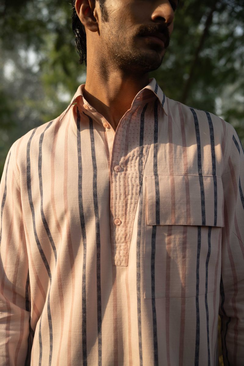 close-up of textured linen shirt crafted from high-quality breathable fabric