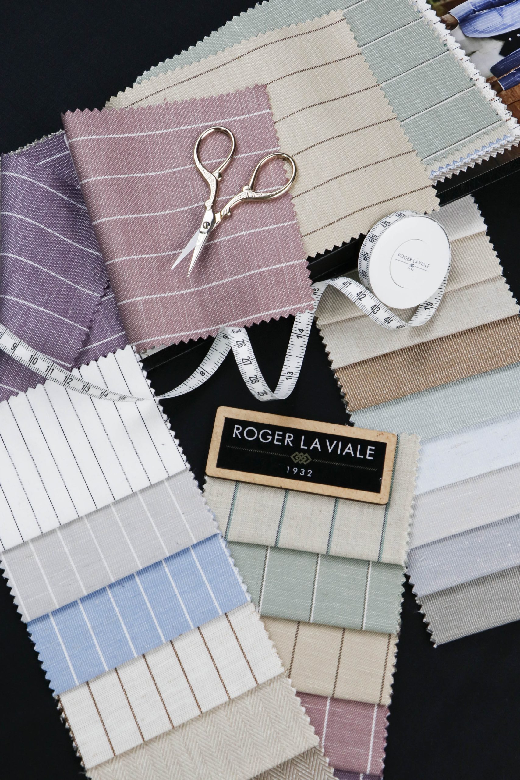 Fabric swatch collection for shirting showcasing color palette and material variety for linen collection by roger la viale